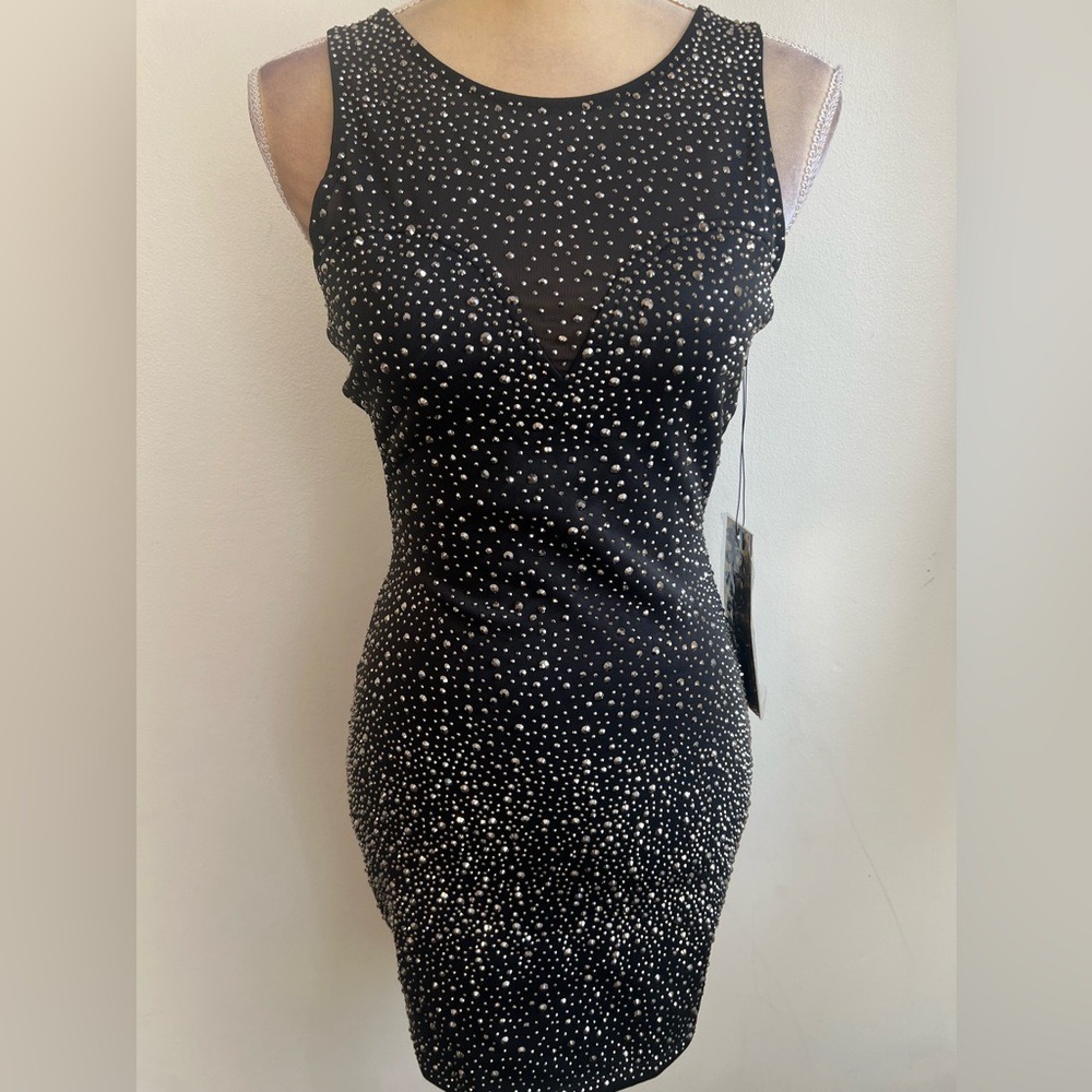 Gold‎ Label Black Studded Mesh Bodycon Mini Dress Sleeveless Small New